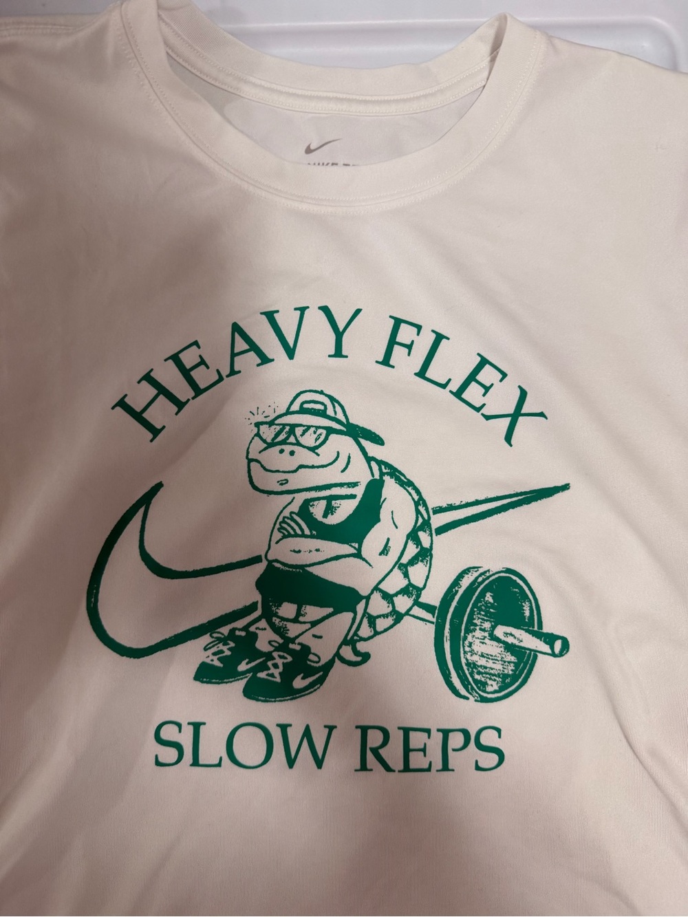 Nike Dri-Fit White Tee with Green Turtle 'Heavy Flex Slow Reps' Graphic